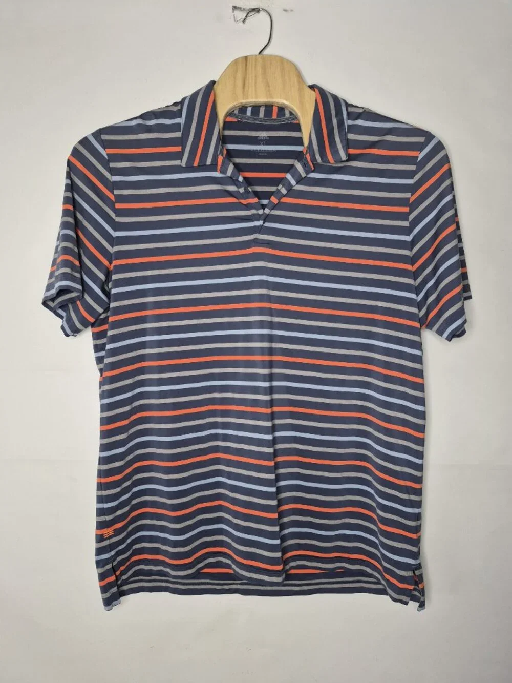 Adidas Mens XL Short Sleeve Stretchy Striped Logo Polo Shirt Blue Gray Orange
